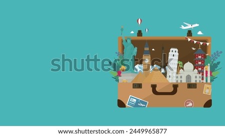 Background template for a travel support campaign with a trunk case decorated with world heritage sites from different countries (blue)