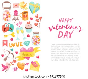 Background template for Valentine's Day celebration with design elements and text. Collection of isolated Valentine Day objects. Cute birds, hearts, sweets, gifts and more. EPS10 vector illustration.