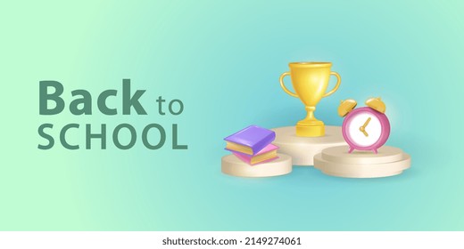 Background template of a vector horizontal banner Back to school With items on the podium, a cup, books, an alarm clock. Vector illustration for your advertisement