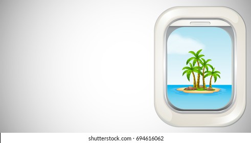Background template with view of island throught airplane window illustration
