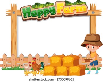 Background template with wooden frame and boy feeding chicken illustration