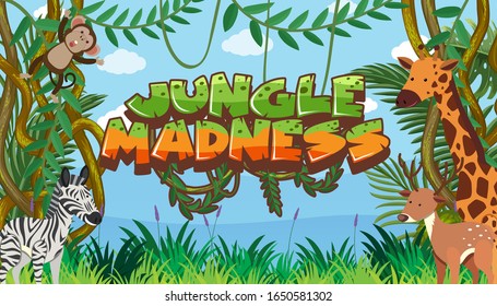 Background template with word jungle madness in safari illustration