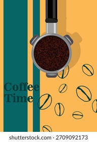 Hintergrundvorlagen Kaffee mit Portafiltern und Kaffeebohnen in Grün und Gelb für Einladungen, Karten, Banner, Broschüre, Poster, Cover, Café-Menü oder ein anderes Design.