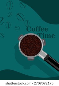 Hintergrundvorlagen Kaffee mit Portafiltern und Kaffeebohnen für Einladungen, Karten, Banner, Broschüre, Poster, Cover, Café-Menü oder ein anderes Design.