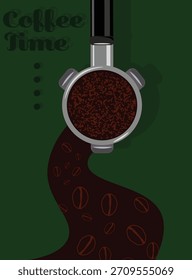 Hintergrundvorlagen Kaffee mit Portafiltern und Strom von Kaffeebohnen auf dunkelgrünem Hintergrund für Einladungen, Karten, Banner, Broschüre, Poster, Cover, Café-Menü