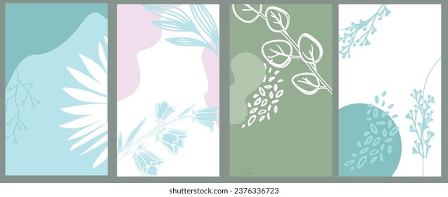 Background templates with copy space for text, plants and leaves for social media stories green tones. Vector illustration for mobile applications, invitations, advertisements, web banners