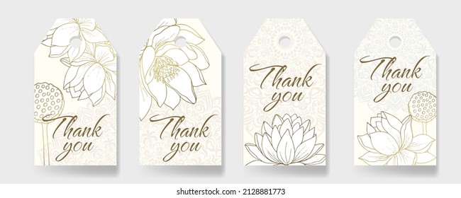 Background templates with lotus flowers and curly mandalas for thank you tags, wedding tags, birthday tags, labels, printable.