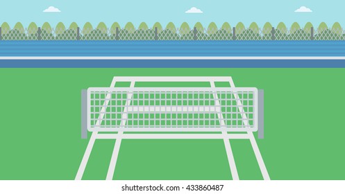 Background of tennis court. Outdoor tennis court vector flat design illustration. A tennis court in an arena. Sport concept. Horizontla layout.