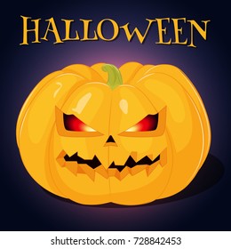 Background with terrible and spooky Jack o lantern for Halloween in cartoon style. Vector illustration. Holiday Collection.