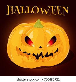 Background with terrible and spooky Jack o lantern for Halloween in cartoon style. Vector illustration. Holiday Collection.