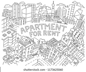 Antecedentes de apartamento de texto para alquiler de boceto inmobiliario. Casa de apartamentos en un marco circular. Clásico de material de ilustración de vector de línea negra dibujado a mano 