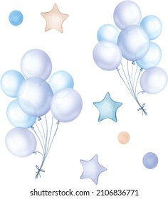 Background for text, balloons, stars Cute Kids clip art. Individual vector  files. Design for a first birthday greeting card