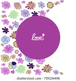 Background for text with blue, yellow and pink flowers on a white background