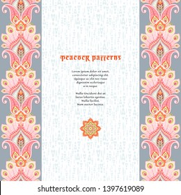 Background for text or card. Borders with indian floral ornament with paisley and peacock feathers