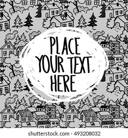 
Background for the text with the city, village. Houses, trees. freehand drawing. Cute children's background in Scandinavian style.