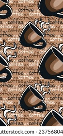 Background from the text is “coffee”. Cups of coffee, seamless pattern of cozy cups on text background. Coffee wallpaper with cups.