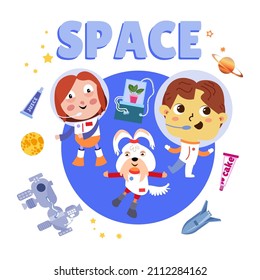 Background for text with cute kids and dog. Space and characters in cartoon style. Color vector illustration.