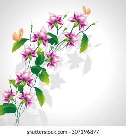 Background for text with decorative mauve flowers with buds and butterflies on light gray background