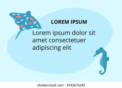 Background for text descriptions with sea animals - ramp fish and seahorse. Vector template for banners, web, flyers, etc