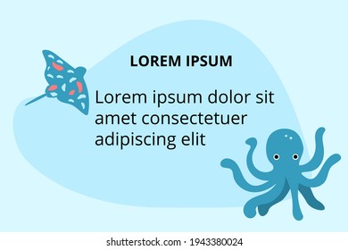 Background for text descriptions with sea animals - rump fish and octopus. Vector template for banners, web, flyers, etc