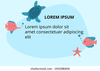 Background for text descriptions with sea animals - starfish, turtle and fishes. Vector template for banners, web, flyers, etc