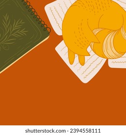 background for text with desktop. workplace with sleeping cat, notepad and notes. table top in cute style