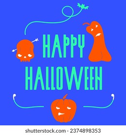 Background with text and element pumpkin, scull, bat. Illustration for Halloween. Poster for Halloween. 