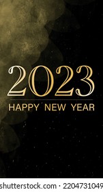 Background with text happy new year 2023.
Christmas banner, bright Vertical Christmas banners, cards, headers, websites. Gold glitter shadows with a black background.