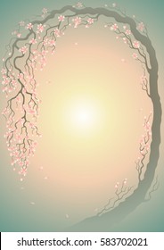 Background for text with illustration of blooming tree and sun