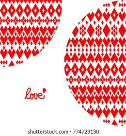 Background for text with large parts of the circles decorated with patterns of red hearts and diamonds on white background