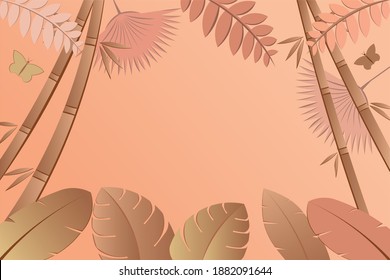Background for text with leaves and butterfly in pink and gold color drawing in vector