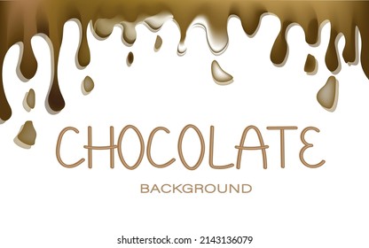 Background for text with melting flowing chocolate on a white background. Unique lettering chocolate. Suitable for packaging, advertising, decoration of confectionery, bakery, sweet shops, menus.