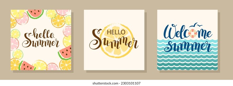 Background with text message Hello Summer. Set of cards in a retro style