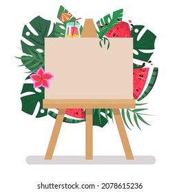 Antecedentes de un texto sobre un caballete en el fondo de hojas tropicales y jugosas sandías. Antecedentes para invitaciones, promociones, ventas y eventos. Ilustración vectorial.