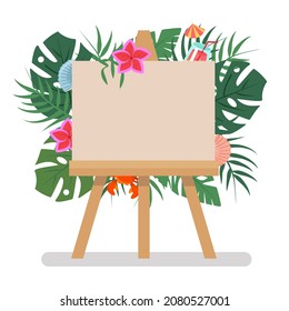 Hintergrund für Text auf einem Aal auf tropischem Hintergrund von Blättern, Blumen, Muscheln und Krabbe. Hintergrund für Einladungen, Werbeaktionen, Verkäufe und Veranstaltungen. Vektorgrafik.