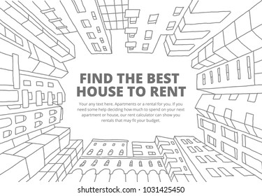 Hintergrund für Text über die Vermietung von Immobilien Skizze. Appartementhaus in einem Kreisrahmen. Handgezeichnete schwarze Linie. Flaches Vektorgrafik-Stockvideo