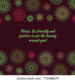 The background for the text of pink and green geometric flowers on a dark red background