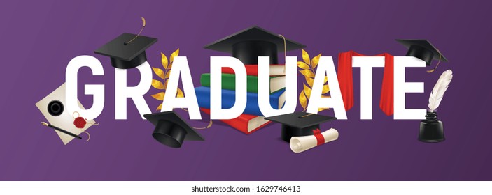 Background with text and realistic graduate caps scarf and stationary vector illustration