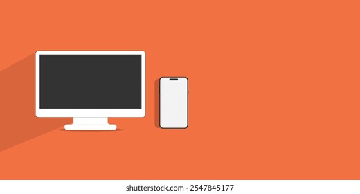 background with text space , smartphone and tablet mockup isolated on orange background. computer mockup and phone device mockup for website presentation.Stock Vector.