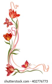 Background for text with tulips and butterflies in art Nouveau style. Three red tulips and butterflies on a grey background.