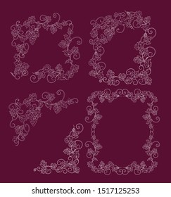 Background for text with vines and bunches of grapes. Set of frames with vines in vintage style.