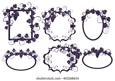 Background for text with vines and bunches of grapes. Set of frames with vines in vintage style.