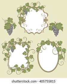 Background for text with vines and bunches of grapes. Set of frames with vines in vintage style.