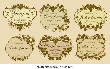 Background for text with vines and bunches of grapes. Set of frames with vines in vintage style.