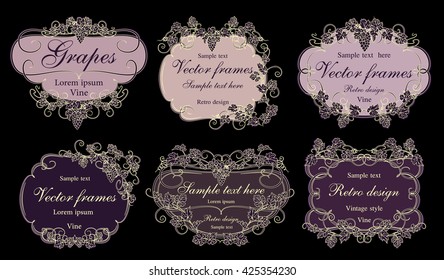 Background for text with vines and bunches of grapes. Set of frames with vines in vintage style.