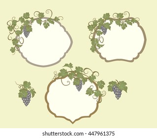 Background for text with vines and bunches of grapes. Set of frames with vines in vintage style.