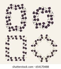Background for text with vines and bunches of grapes. Set of frames with vines in vintage style.