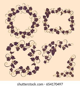 Background for text with vines and bunches of grapes. Set of frames with vines in vintage style.
