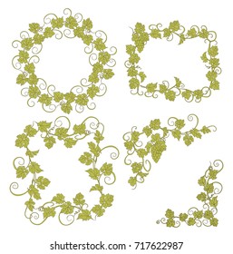 Background for text with vines and bunches of grapes. Set of frames with vines in vintage style.