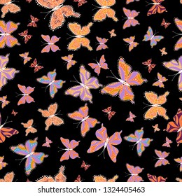Background for textile, fabric, print and invitation. Seamless pattern with butterflies. Vector. Illustration in violet, orange and black colors.